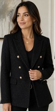 Zara Black Tweed Double Breasted Blazer Gold Buttons Military Jacket M