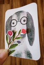 ACEO ORIGINAL WATERCOLOR  ART DOG 3D Flowers