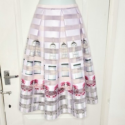 Ted Baker Midi Skirt Womens UK 10 Pink Floral Window Print Full Skater Occasion