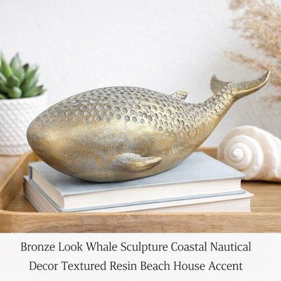 Bronze Look Whale Sculpture Coastal Nautical Decor Textured Resin Beach 