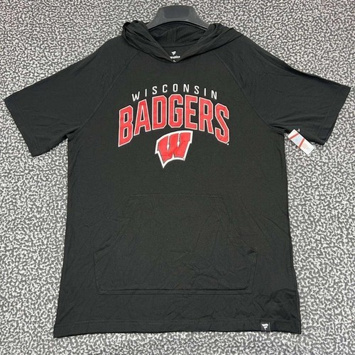 Wisconsin Badgers Shirt Men Large Black Fanatics Short Sleeve Hoodie New L