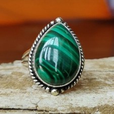 Sterling Silver Pretty Malachite Ring: Handmade 925 Silver Band B 36
