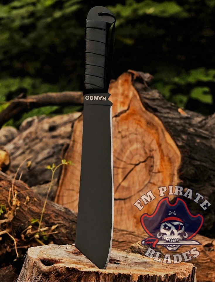 Cuchillo machete táctico de supervivencia de caza pesada Rambo IV hecho a mano funda de cuero. Foto 3 de 4