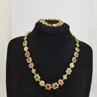 NEW Gold Toned Multi Coloured Gem Halo Set Necklace & Bracelet Set Unboxed