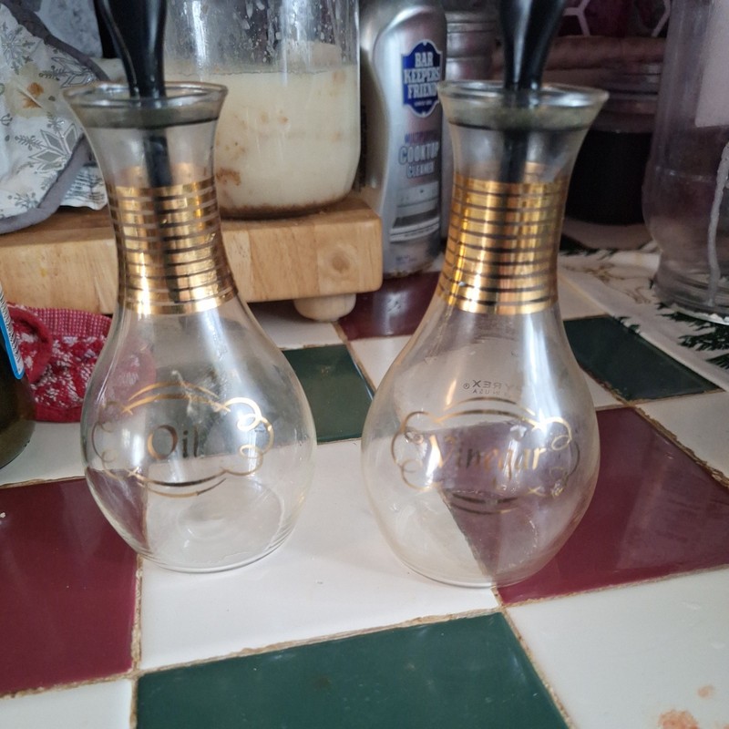 Pyrex Glass Oil & Vinegar Gold Stripes Black Lids 1960s Cruet Set