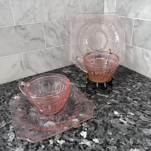 Vintage Jeannette Adam Pink Depression Glass Cups/Saucer