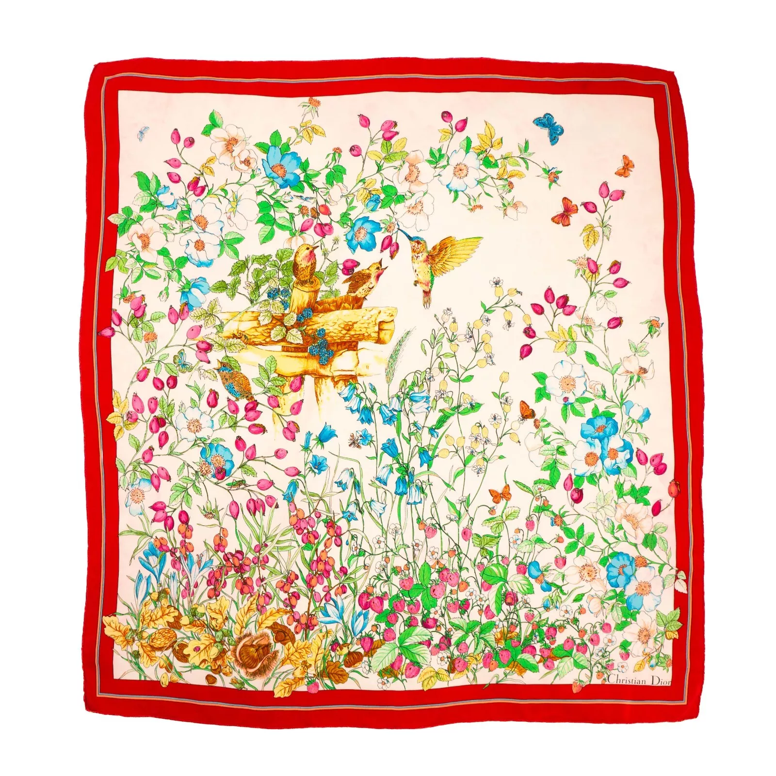 Foulard en soie femme Christian DIOR oiseaux dans le jardin vintage années 90