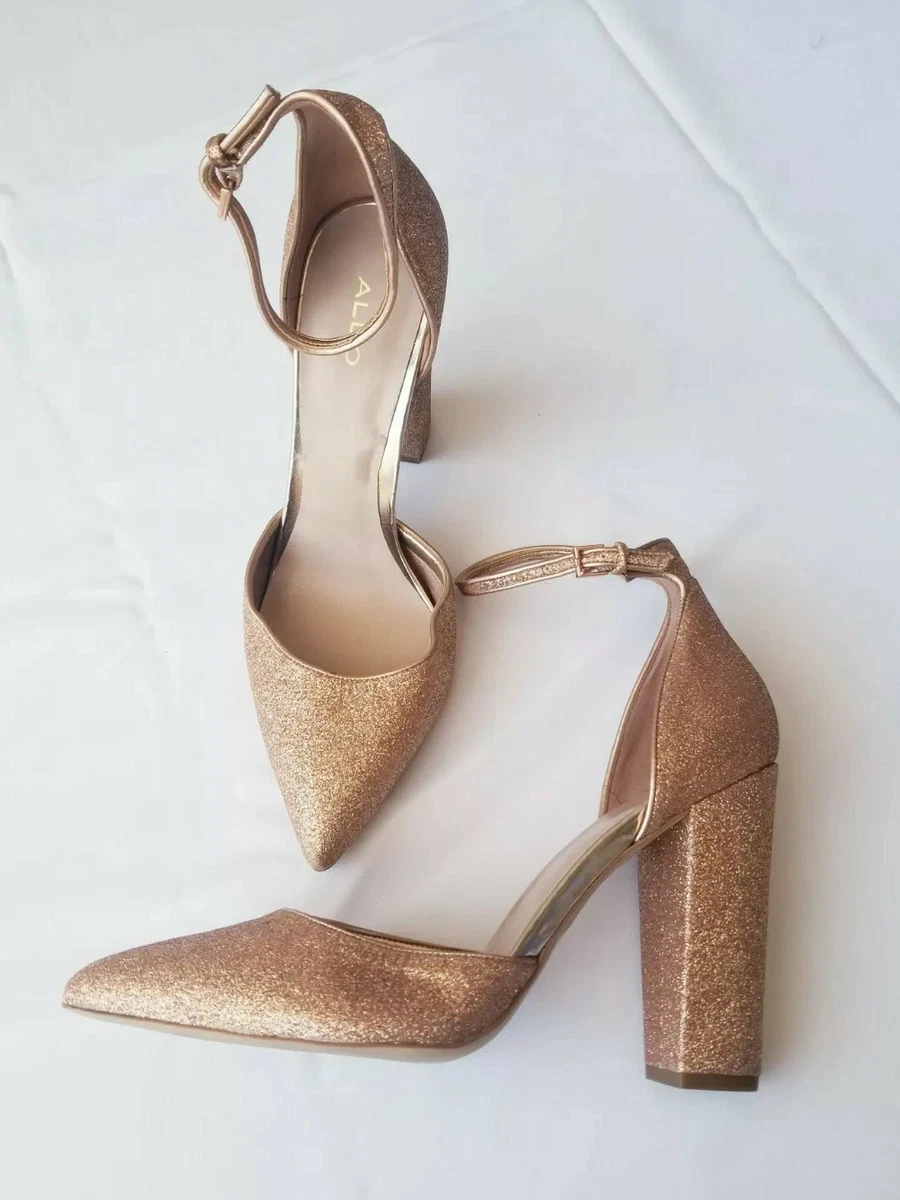 Women s Aldo Rose Gold Glitter Block Heel Sandal Size 11 415.1 eBay