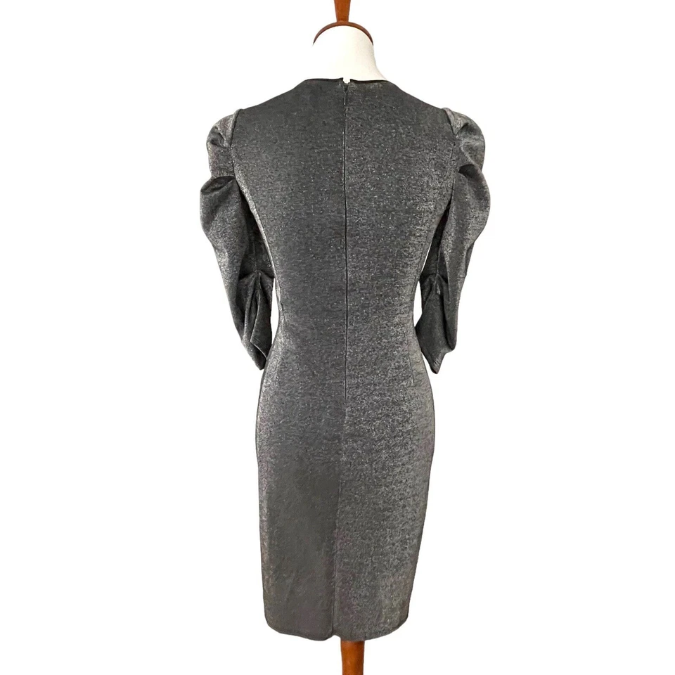 Halston Heritage Black Silver Metallic Puff Sleeve Knit Sheath Dress Size 0 - Image 2 of 4