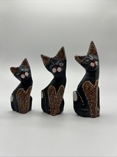 Hand Carved/Painted Wooden Cat Figurine Set