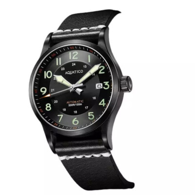 Aquatico Blue Angels Automatic Men's Pilot 40mm Watch DLC Black Dial / Strap