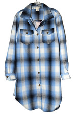 Happily Grey Blue Plaid Button Flap Chest Pockets Womens Shirt Dress Size L NWT