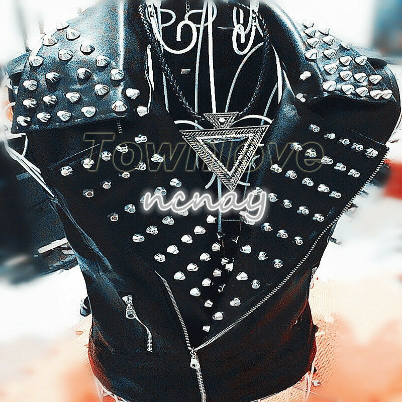 Mens Punk Spike Wide Lapel Vest Zip Motocycle Pu Leather