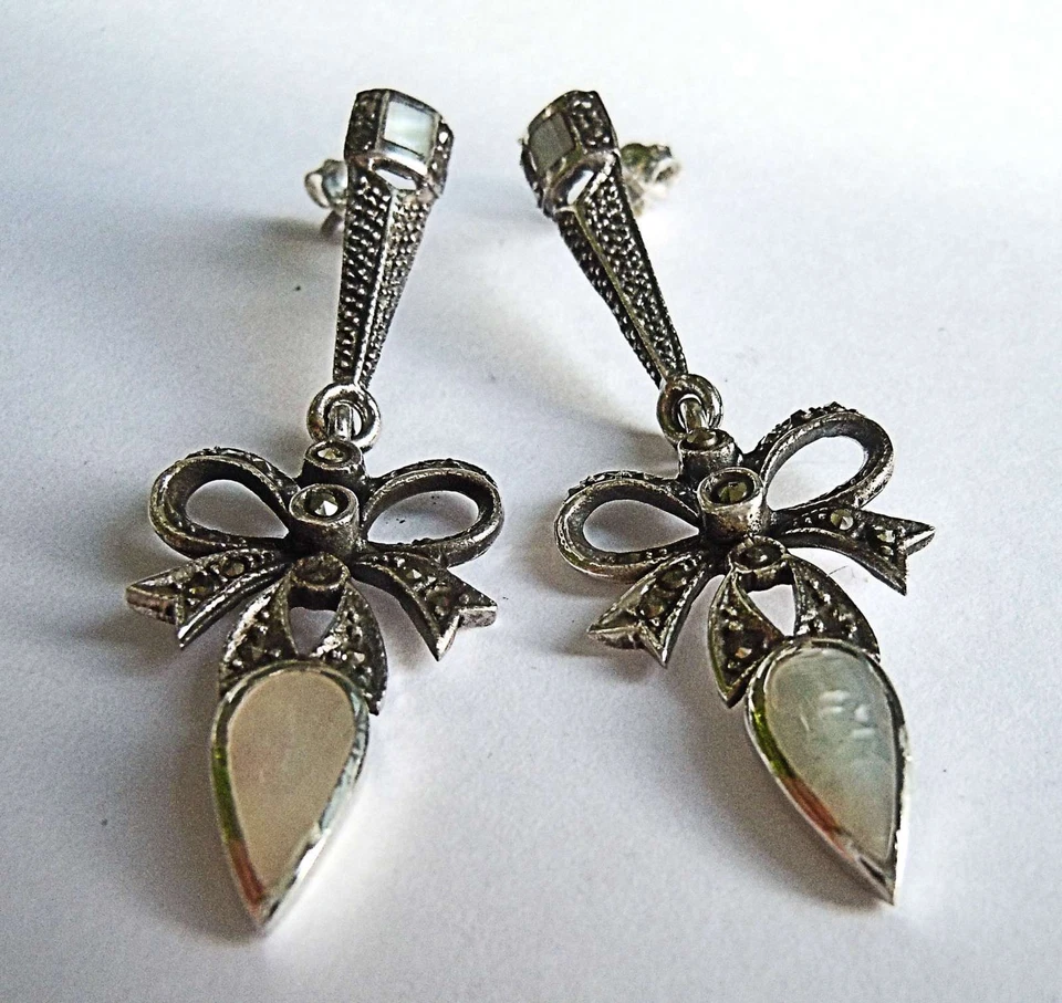 Noblesse - Große Jugendstil Schleifen Hänge Ohrringe mit Markasit Besatz - Bild 3 von 4