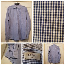 Eton Shirt Mens 41 16 Slim Fit Blue White Check Dress Work Career Office Button
