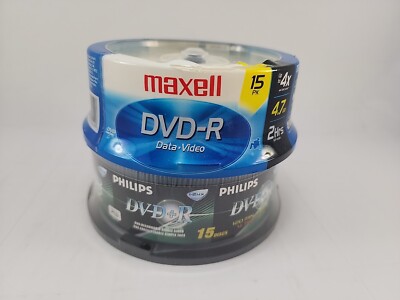 Lot of 2 Spindles 30 DVD-R Discs Maxell and Philips 4.7 GB 120 Min New 