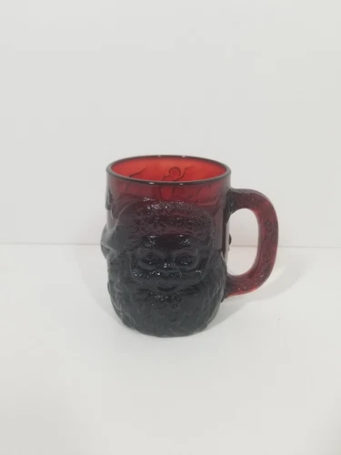 Ruby Red Santa Arcoroc France Handled Raised Design Holly Glass Mug New w/Label