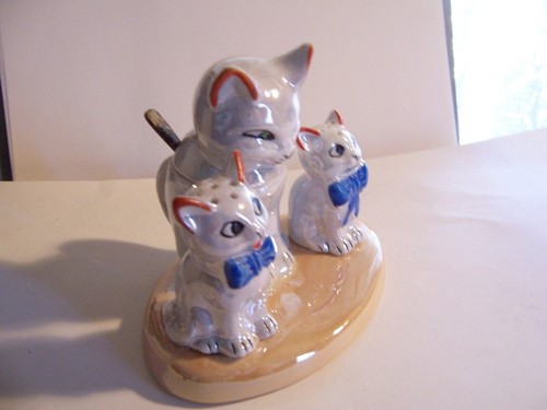 vintage condiment set cat and kittens cute set luster ware