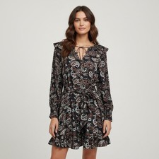 Cleobella Paisley Organic Cotton Ruffle Mini Dress Black Brown XS Long Sleeve
