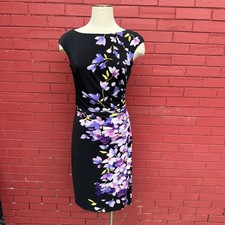 Lauren Ralph Lauren Black Purple Floral Ruched Sheath Dress Size 6 Old Money