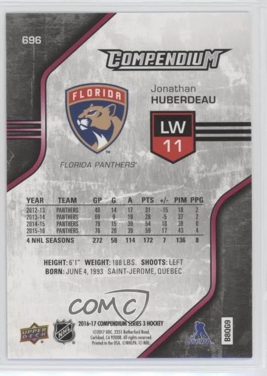 2016-17 Upper Deck Compendium Red Jonathan Huberdeau #696 - Image 2 of 2