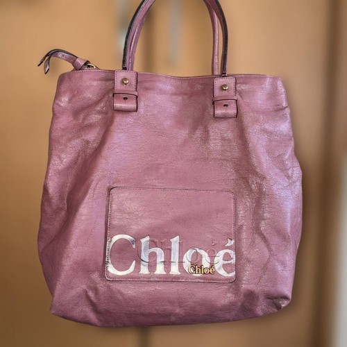 Auth Chloe Eclipse Handbag Tote Bag Leather Pink Women's Logo Pocket Canvas