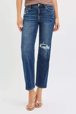 RISEN High Rise Crop Slim Straight Jenas with Hidden Knee Patch