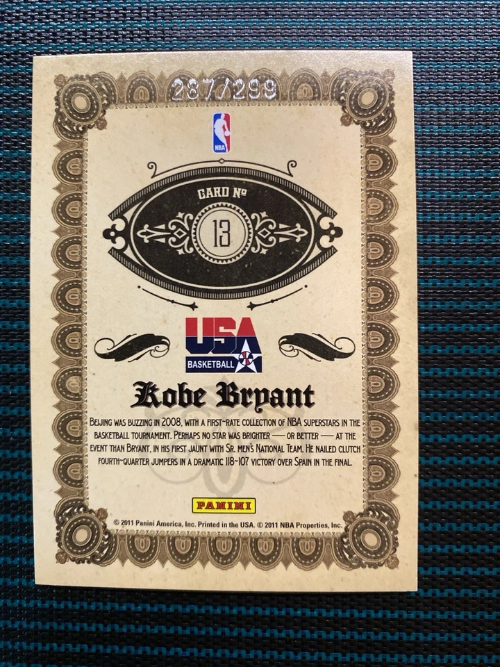 Baloncesto Panini Gold Standard Kobe Bryant 2011 EE. UU. #13/299 raro Lakers Salón de la fama Foto 2 de 4