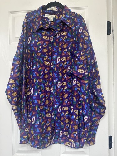 Perry Ellis, VTG 90s Perry Ellis Portfolio Men Large Silk Blend Purple Abstract Pebble Shirt