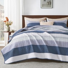Andency Queen Quilt Bedding Set Mineral Blue, 3 Pieces Patchwork Summer Striped