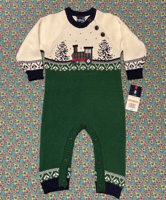 NWT Boy IZOD Holiday SWEATER Knit ROMPER Longall 12M Plaid TRAIN Applique Alpine