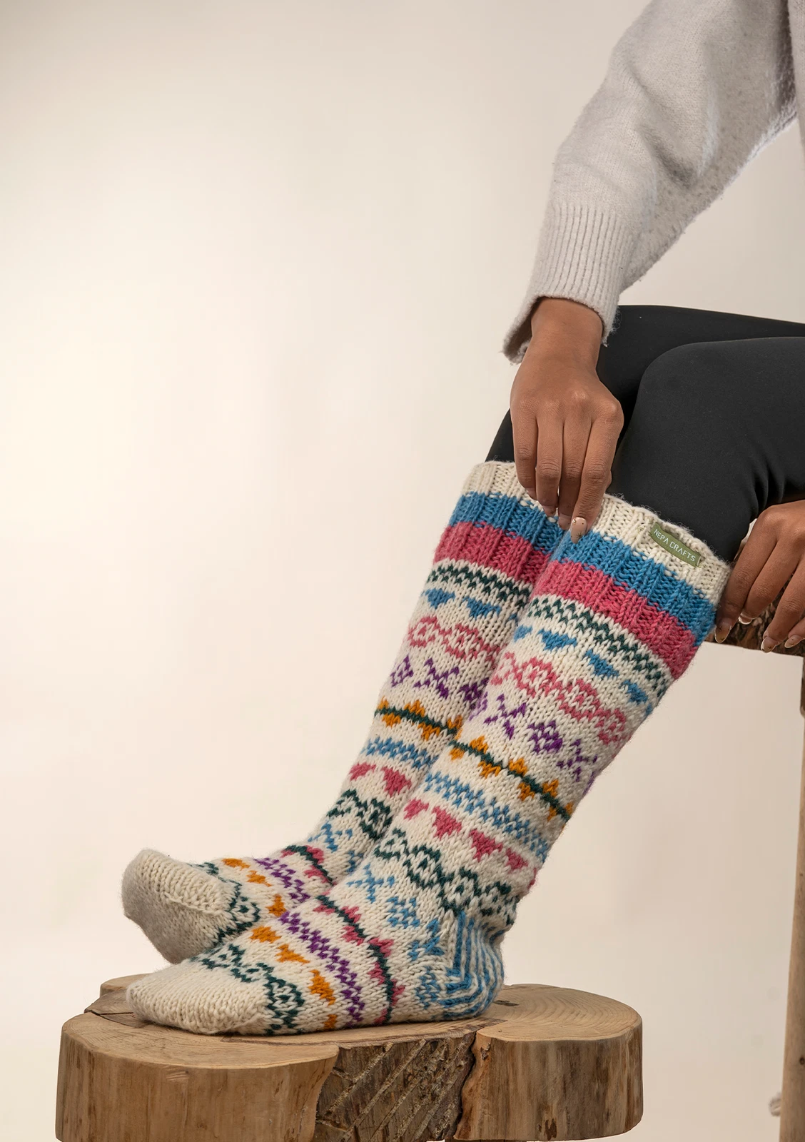 Blue and White Multicolor Woolen Knee High Socks