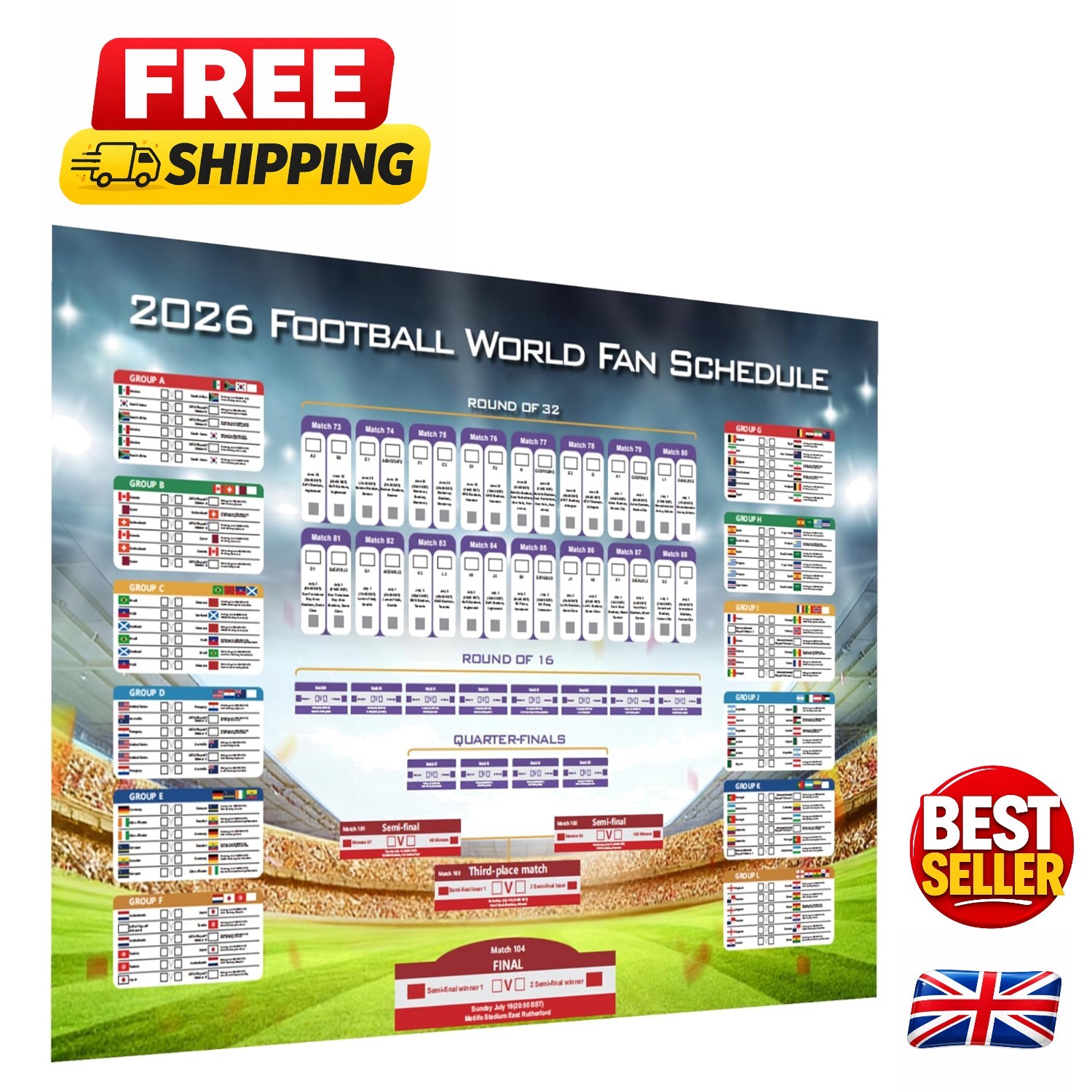 Large 84x60cm 2026 World Cup Football Schedule Poster, Laminated Wall Chart w...