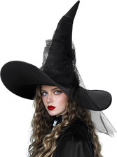 Black Witch Hat Wide Brim Gothic Halloween Costume