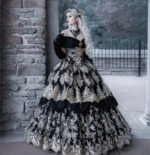 Black Gold Gothic Wedding Dresses Off Shoulder Lace Applique Vintage Bridal Gown