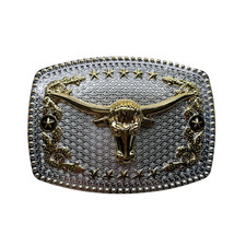 Longhorn Bull Rodeo Star Cowboy Cowgirl Gold/Silver Rectangle Metal Belt Buckle