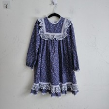 VTG Bryan Girls 6X Prairie Dress Blue Pink Floral Lace Cottagecore EUC 80s