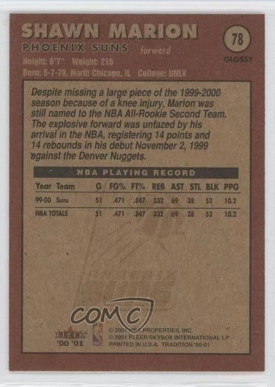 2000-01 Fleer Tradition Glossy Shawn Marion #78 - Image 2 of 2
