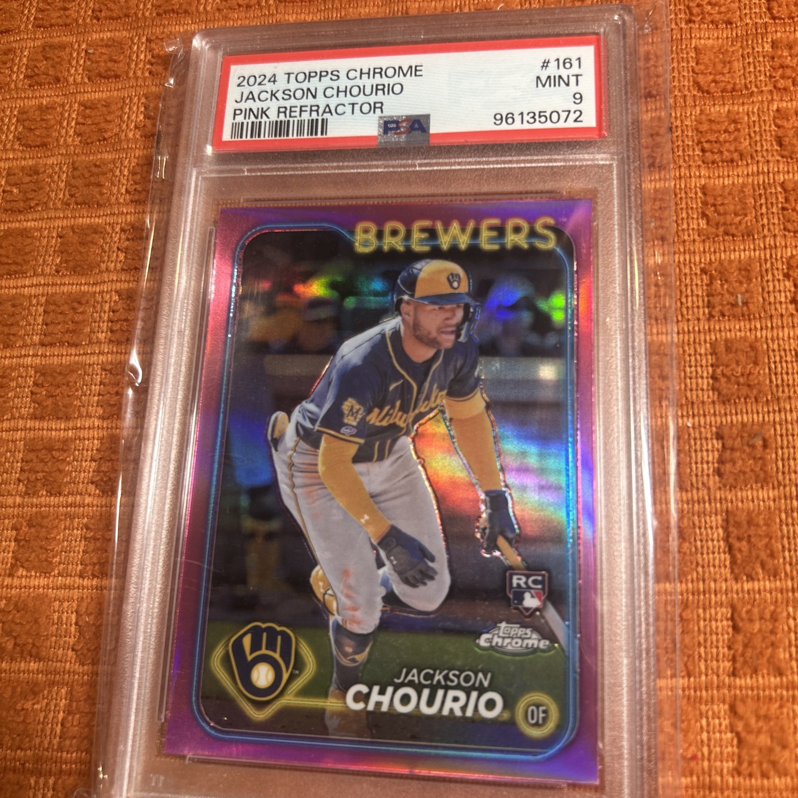 2024 Topps Chrome Jackson Chourio #161 Rookie RC Pink Refractor PSA 9 Mint