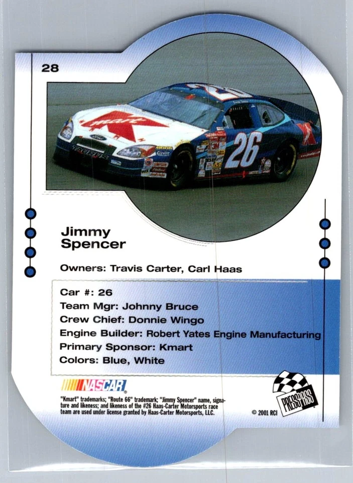 💎2001 Press Pass Trackside Racing Die Cuts #28 Jimmy Spencer 💎 - Image 2 of 2