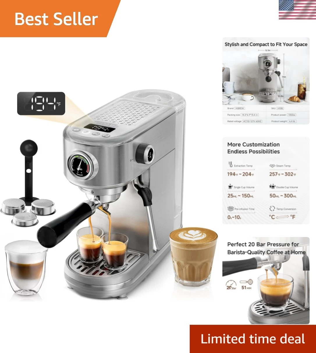 Espresso Machine 20 Bar, Semi-Automatic Cappuccino Maker with Milk Frother fo...