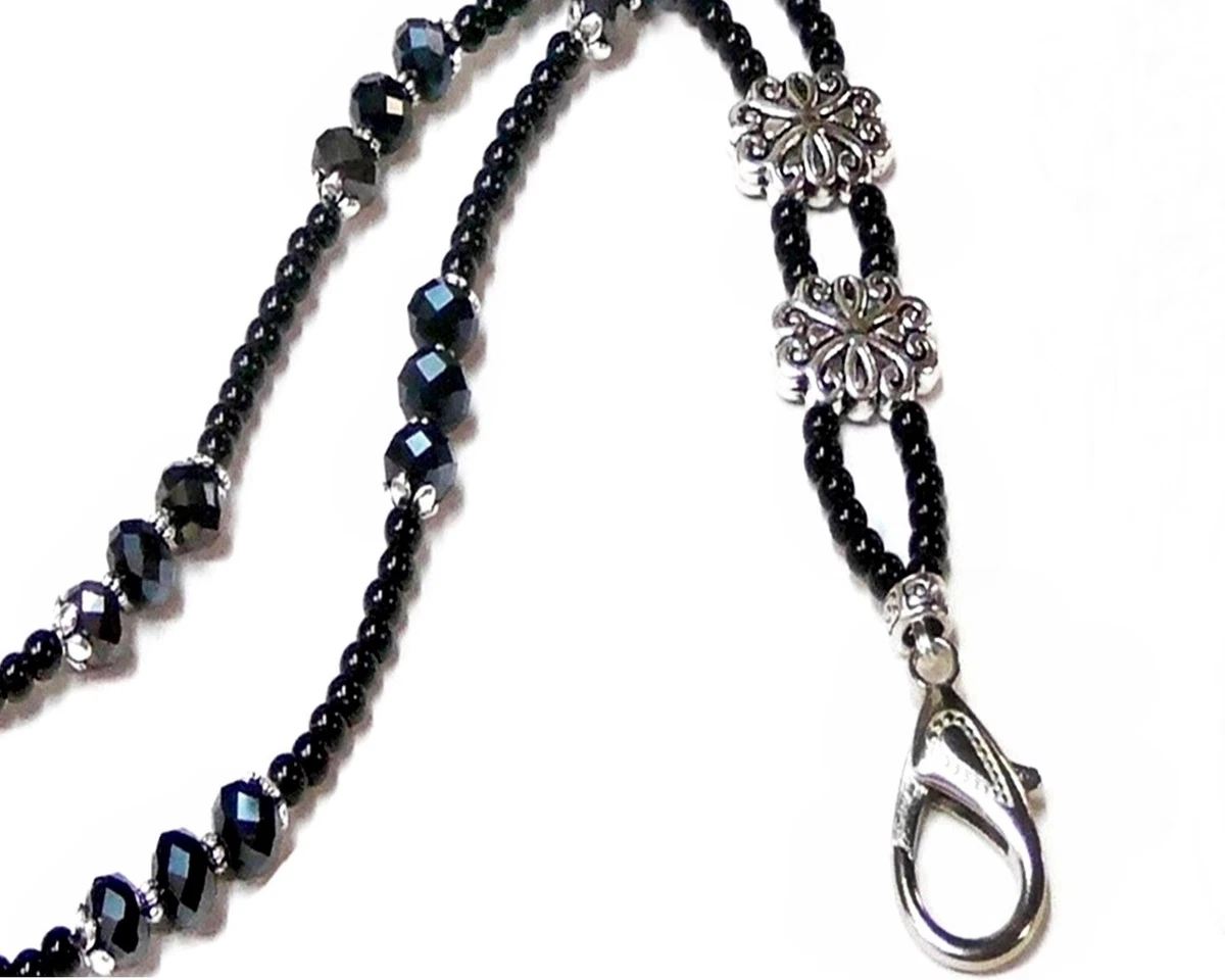 Beaded Necklace Lanyard keys work id badge holder Classic black crystal pearls