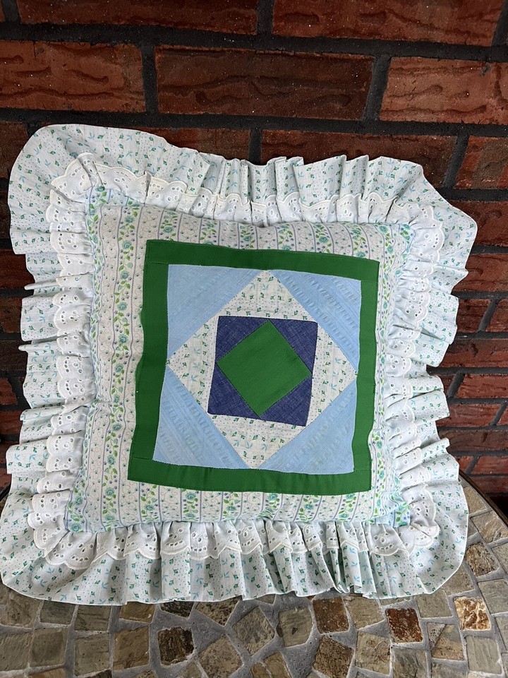 Vintage Patchwork Throw Pillow Ruffle Edge Floral Calico 19" Square
