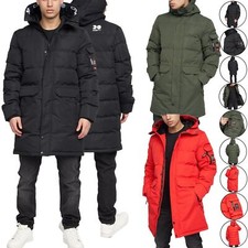 Mens Crosshatch Parka Coat Puffer Padded Long Hooded Winter Lined Bubble Jacket