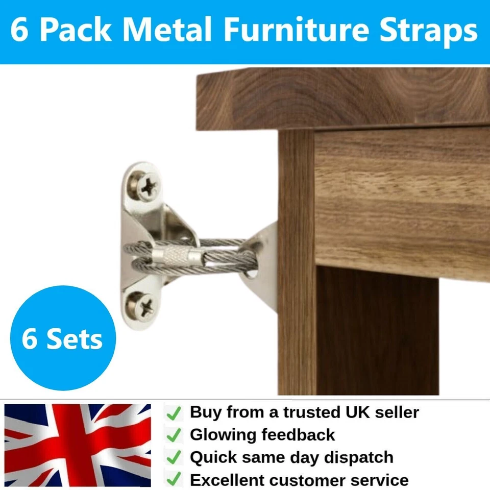 Metal Furniture Straps 6 Pack | Anti-Tip Kit | Steel Wall Anchors & Screws