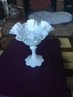 Vtg Fenton Cabbage Rose Milk Glass Ruffled Compote Candy Dish 6”