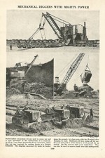 MECHANICAL DIGGERS WITH MIGHTY POWER BULLDOZERS c 1950 PHOTO-ILLUSTRATION PRINT 