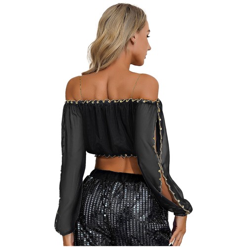 Womens Belly Dance Performance Tops Carnival Costume Split Long Puff Sleeve Crop - Picture 13 of 80