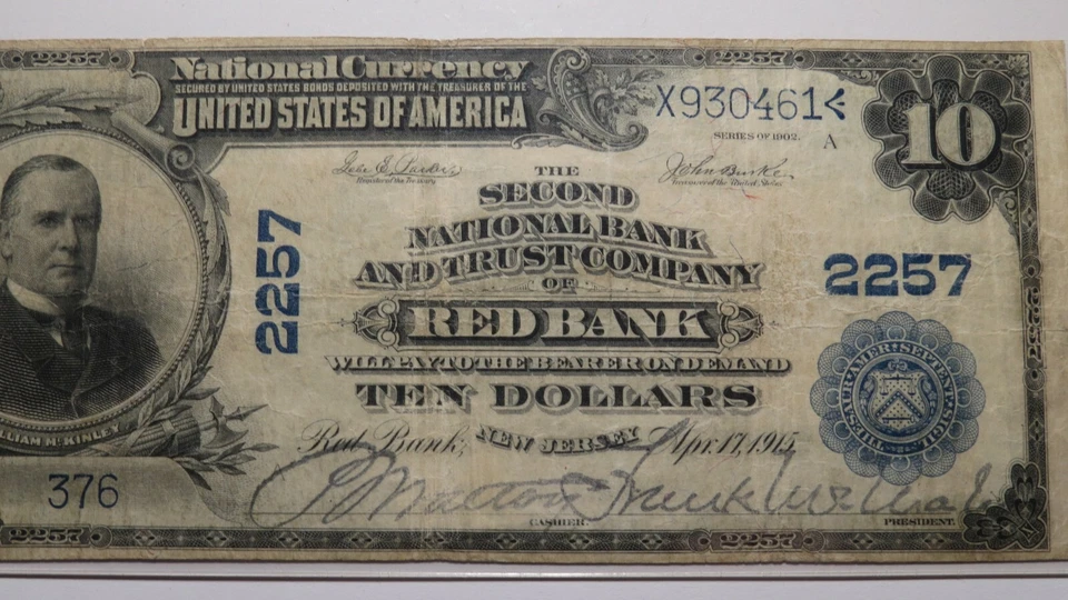 $10 1902 Red Bank New Jersey NJ National Currency Bank Note Bill #2257 VF20 PCGS - Image 3 of 4