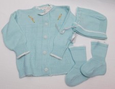 Vintage Blue Orlon Knit Sweater Booties  Hat Set Newborn Infant Baby Boy